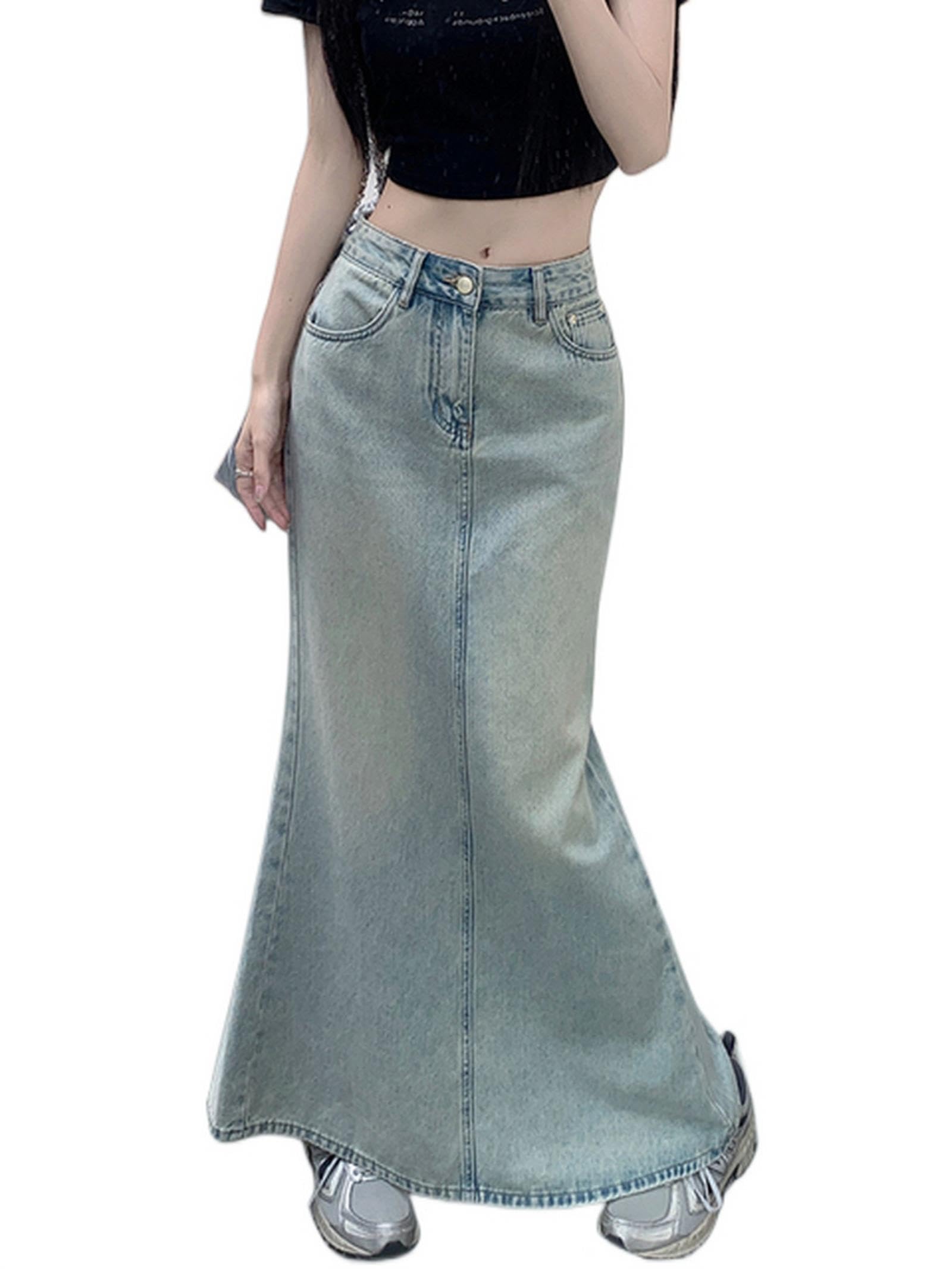 NOGRAX Satinrock Maxi Verzweifeltes Jeansrock Für Frauen Taschenrücken Schlanker Hüfte Wrap Long Jeans Rock Weiblich