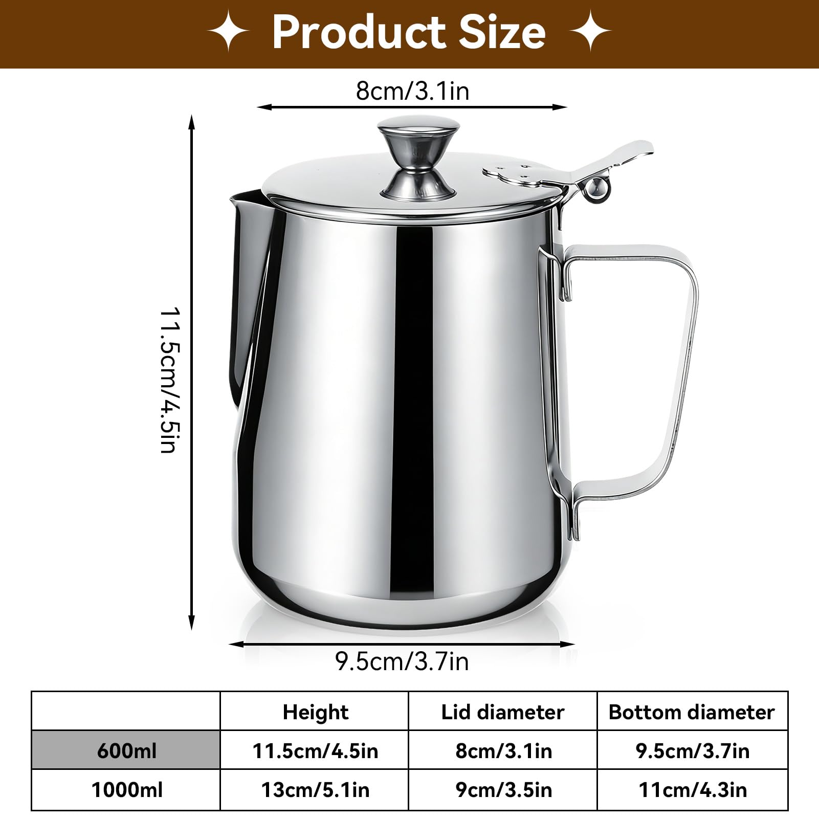 Brocca per latte con coperchio, brocca per montalatte da 600 ml/1000 ml brocca per latte in acciaio inossidabile tazza brocca per schiuma di latte con manico per caffè latte Art (600 ml)
