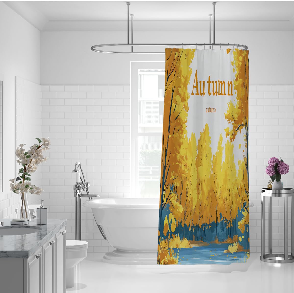 Goldener Herbstwald Ausblick Duschvorhang W120xL200 cm