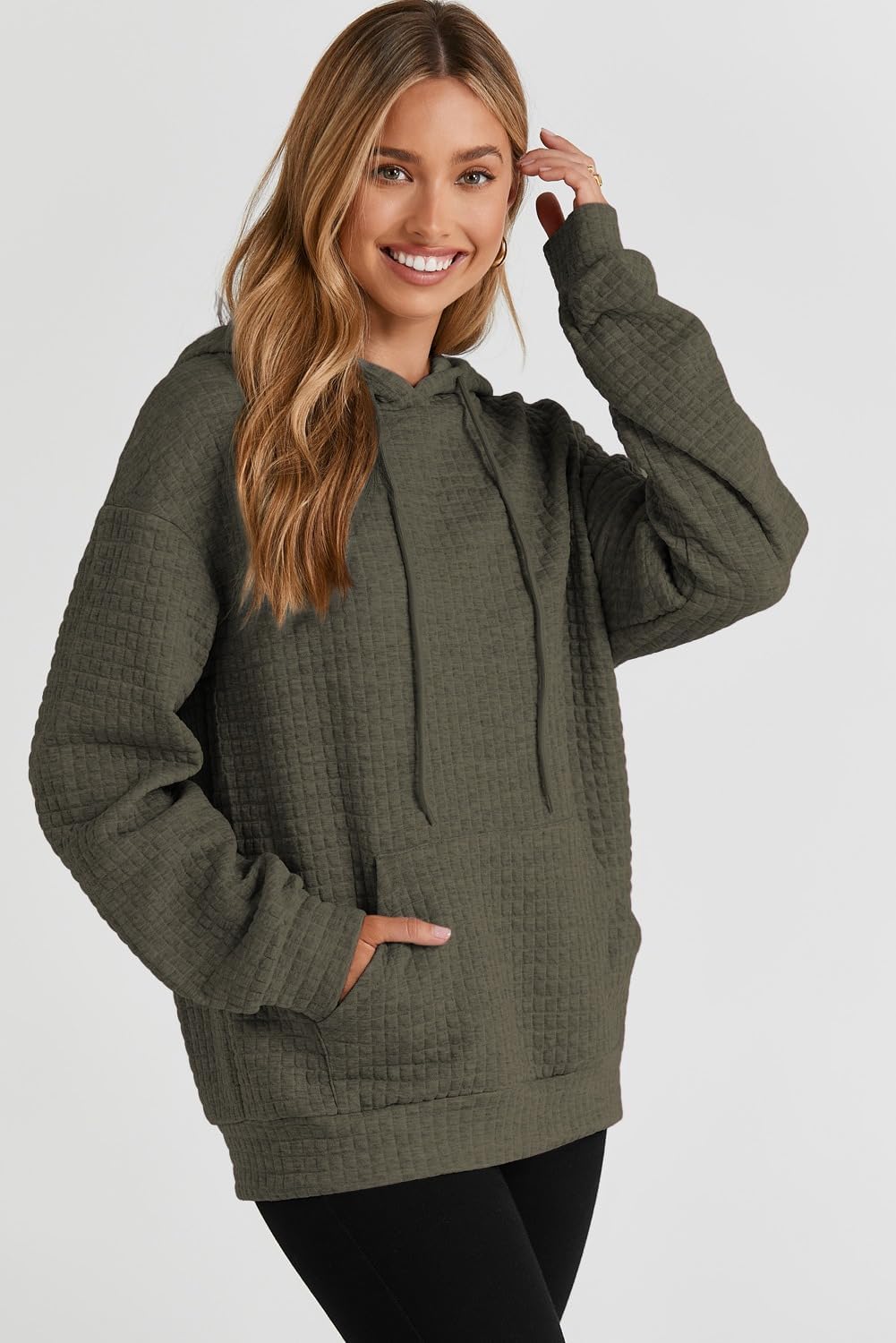 SHEWIN Womens Hoodies Casual Long Sleeve Drawstring Waffle Pullover Tops Loose Hooded Sweatshirt with Pocket - Image 4