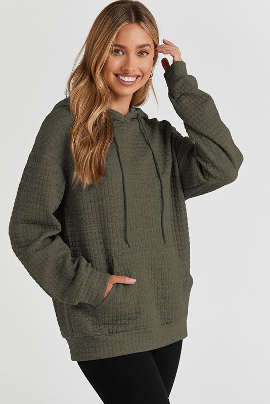 SHEWIN Women Waffle Hoodie Pullover Top Hooded Sweatshirt, Green, Size 2XL image 4