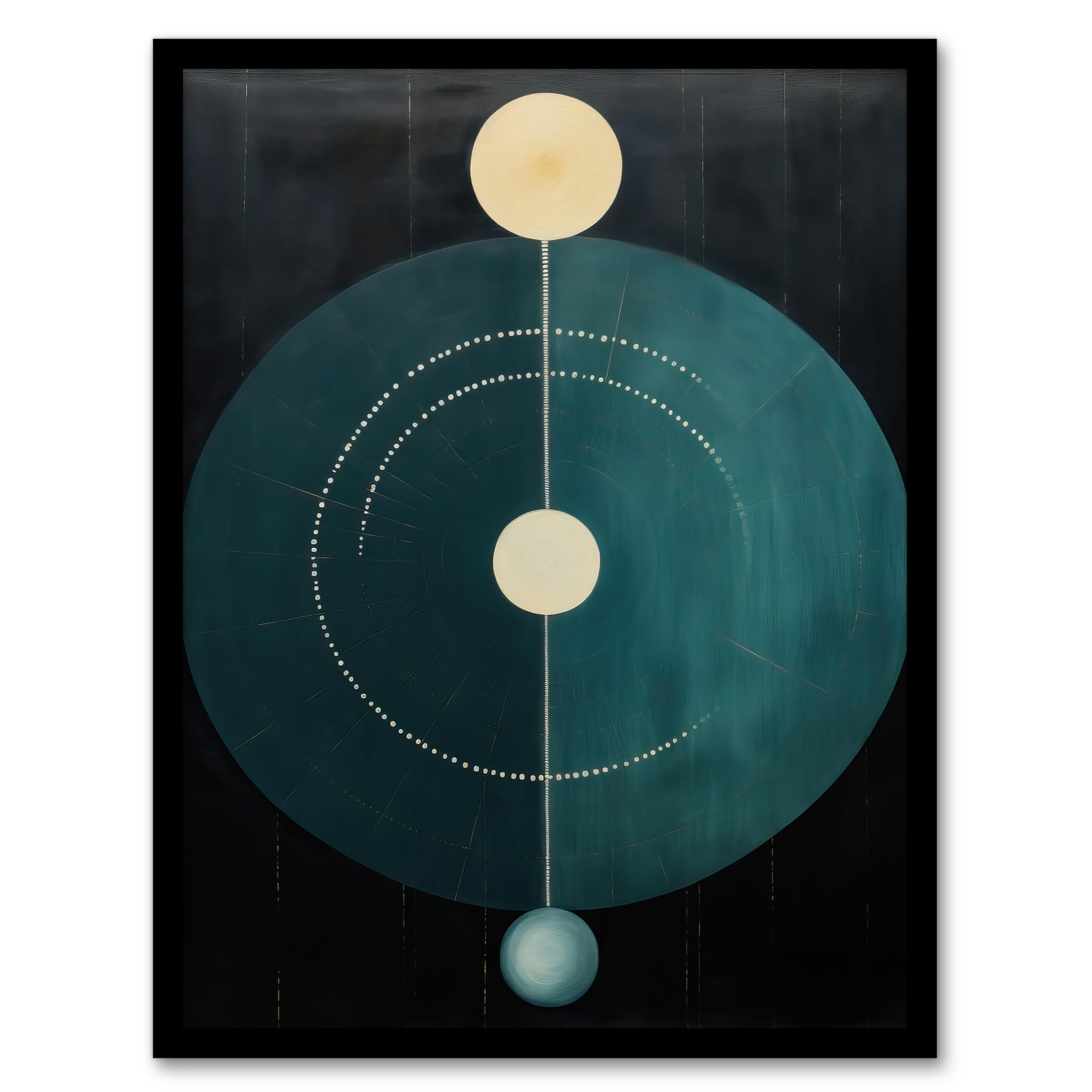 Wee Blue Coo Abstract Teal Stone Circles Oil Painting Blue Yellow on Black Minimalist Geometric Artwork Framed Wall Art Print A4