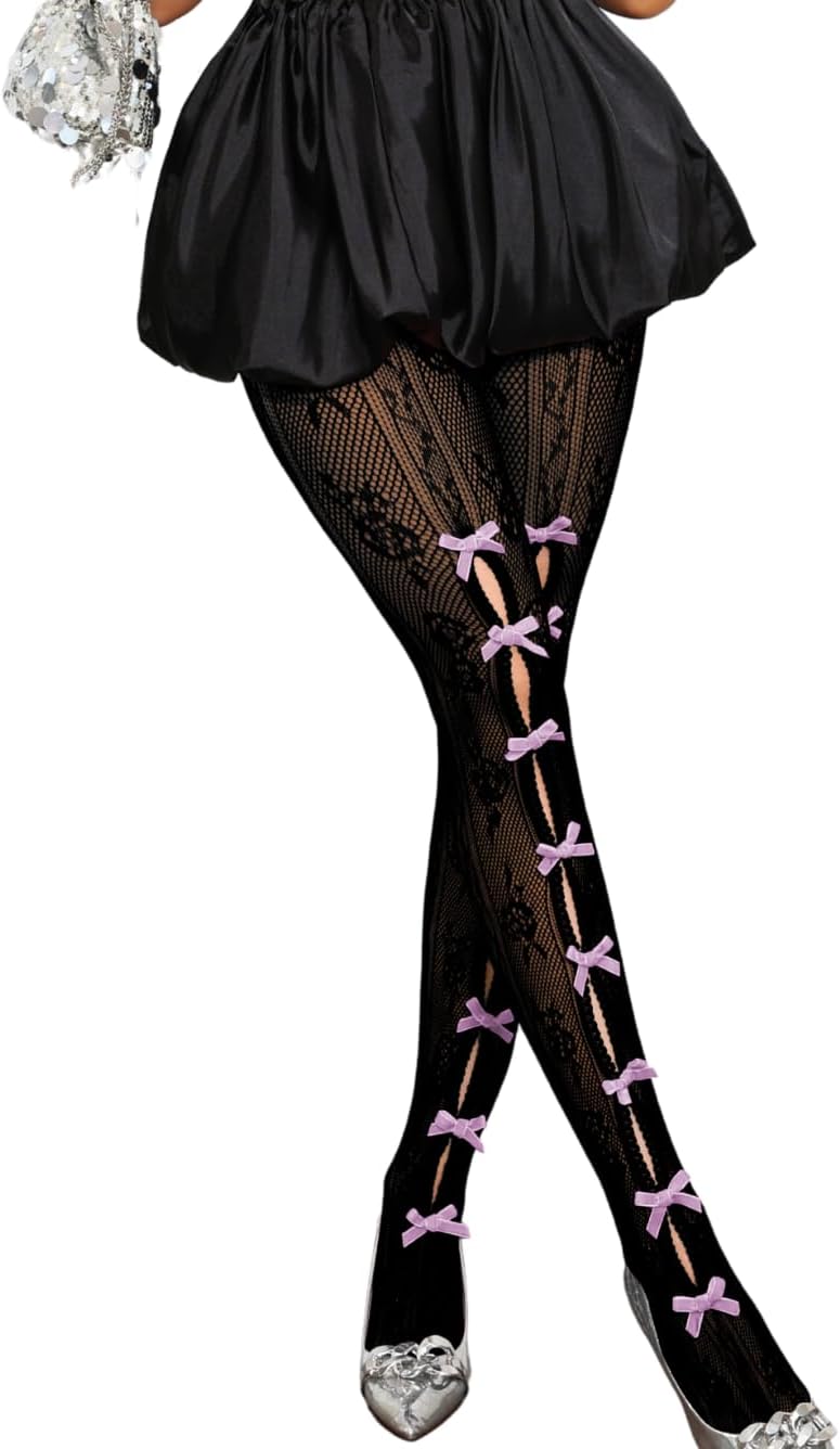 ShawGobow Bow Tights For Women,Sheer Floral Lace Sexy Stockings,Cute Bows Stocking Valentines Date Night Christmas