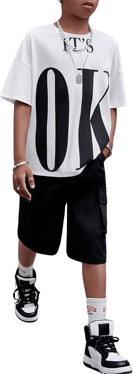 Floerns Boy's 2 Piece Outfit Letter Graphic Tee Shirt and Track Shorts Set