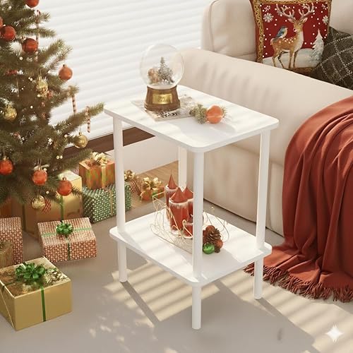 Miniatura 2 de Apicizon Mesa auxiliar de 2 niveles, mesa auxiliar pequeña con patas de madera maciza, mesita de noche bohemia con estante de almacenamiento, mesita