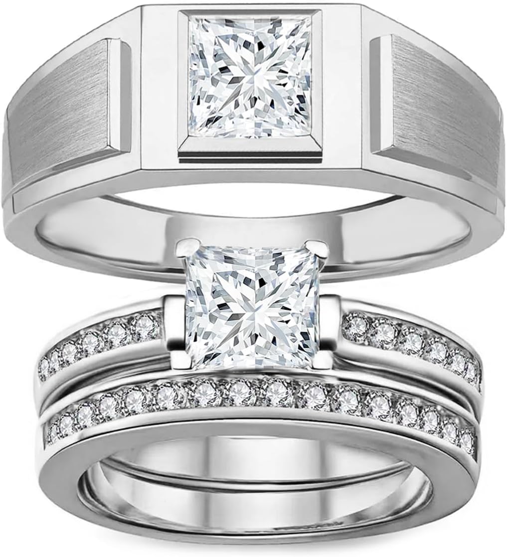 1-3 Carat Moissanite Couple Wedding Bands Ring Set for Women and Men Couple Matching S925 Silver 10K 14K 18K Gold Engagement Rings Sets 3pcs Bridal Rings Set for Her and Him Free Engraving