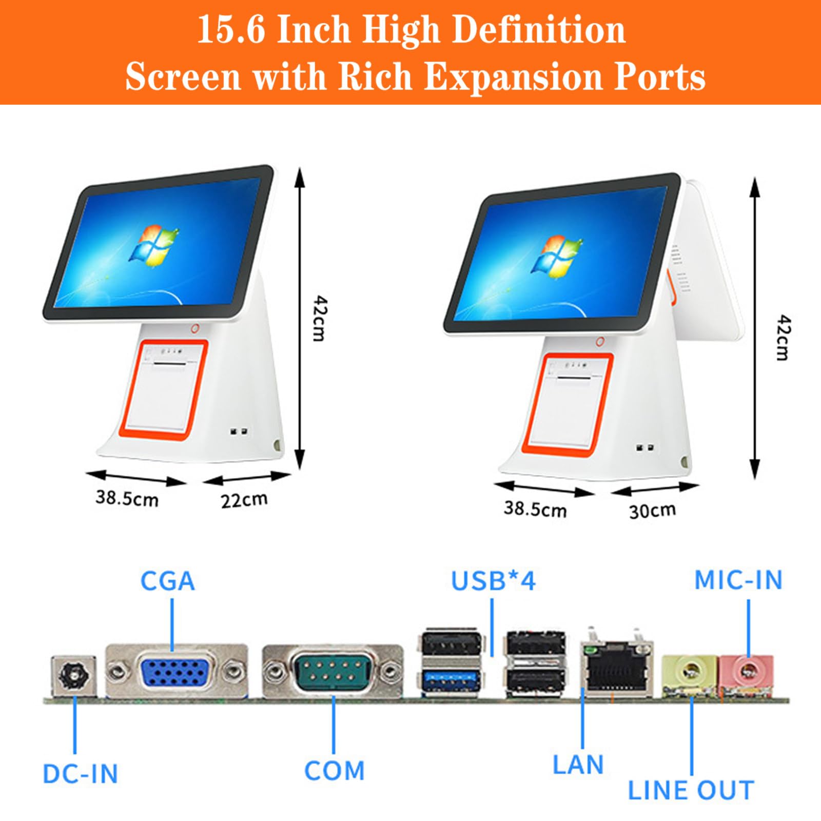 Registratore di cassa All-in-One, con doppio touch screen da 15,6", stampante termica da 58mm integrata, registratore di cassa POS per piccole imprese, supporta Windows/Android, 30+ lingue,White