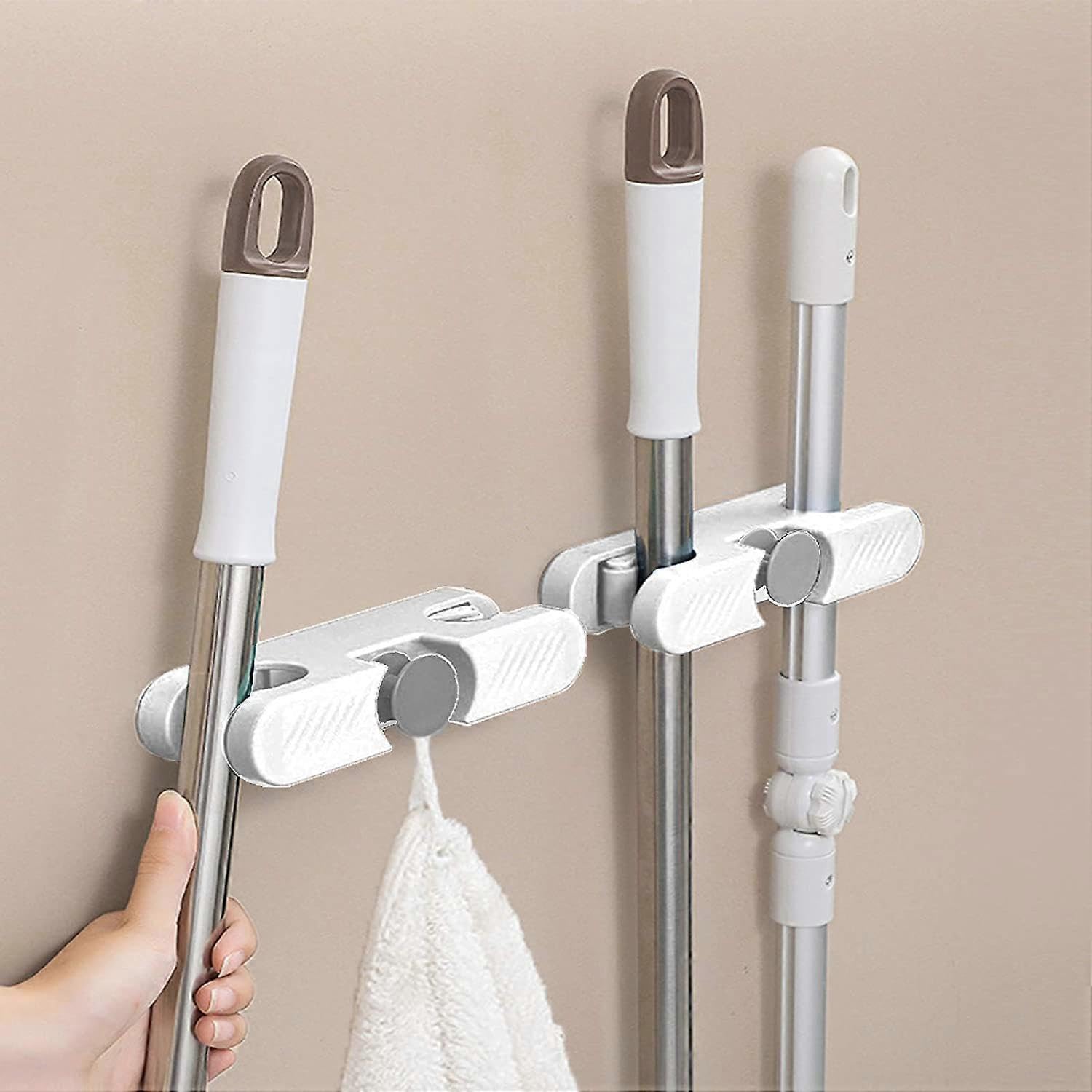 JOYHAPPST Dww-2 Pieces Mop Holder, Wall Mounted Broom Holder Without Drilling, Adhesive Mop Holder with Hooks for Kitchen, Bathroom, Garden