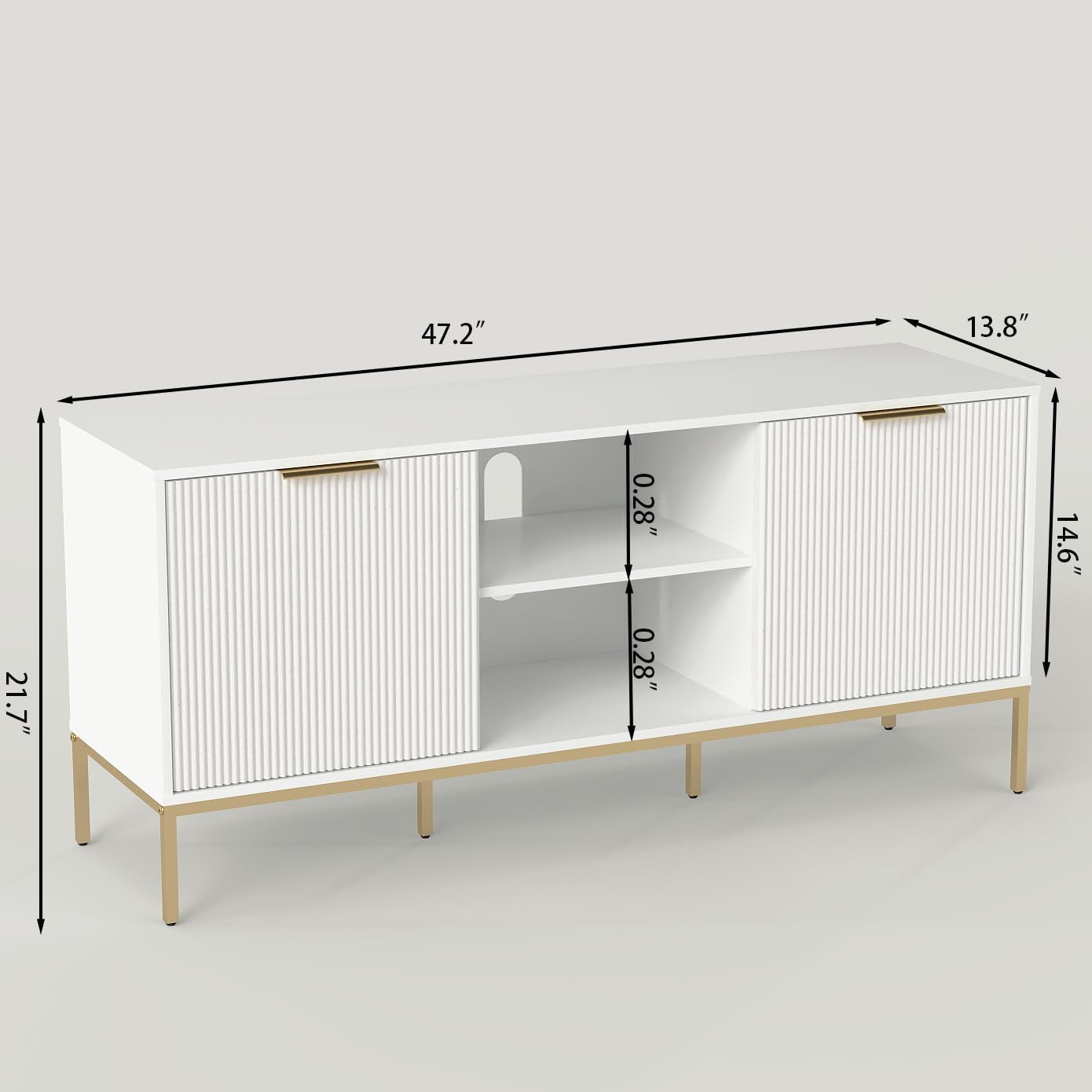 47'' Modern White TV Stand for 65 Inch TV, Mid Century Modern Fluted TV Console, Farmhouse Entertainment Center with Storage Cabinet for Living Room, Bedroom, Gold Metal Legs