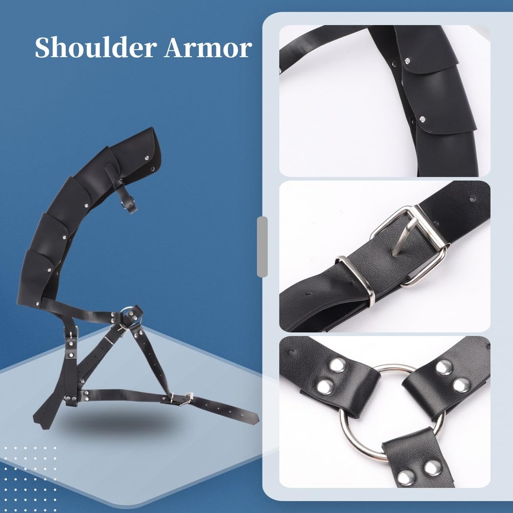 5 pezzi Black Knight medievale Cosplay Outfit per uomo, cintura rinascimentale in pelle, mantello a mezza spalla, bretelle con fibbia, armatura per spalle steampunk per eventi, nero, taglia unica