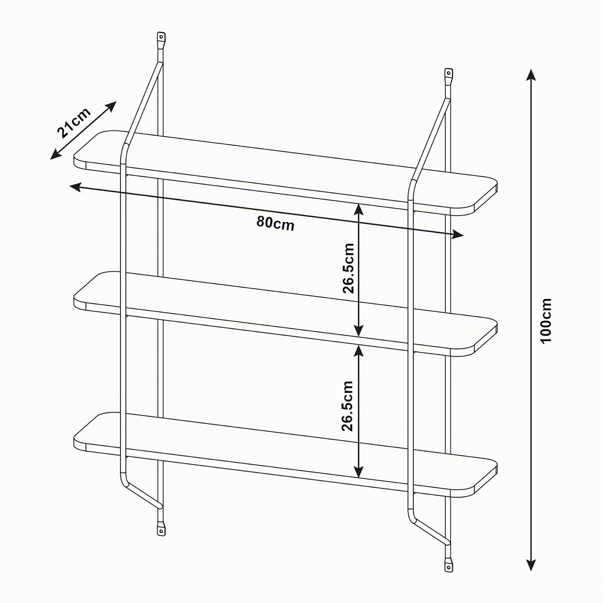 [en.casa] Estantería de Pared Østfold de 3 Niveles Estantería Pared Versátil Balda Flotante para Salón Oficina Cuarto de Baño Acero Aglomerado 100 x 80 x 21 cm - Negro