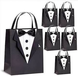 6 Pack Gift Bags with 3D Tuxedo Design, Satin Bow Tie, Real Buttons for Wedding Groomsmen Gifts for Bachelor Birthday, Bachelor Party Gift Favors Celebration (Black, 8 x 4.5 x 10 Inches)