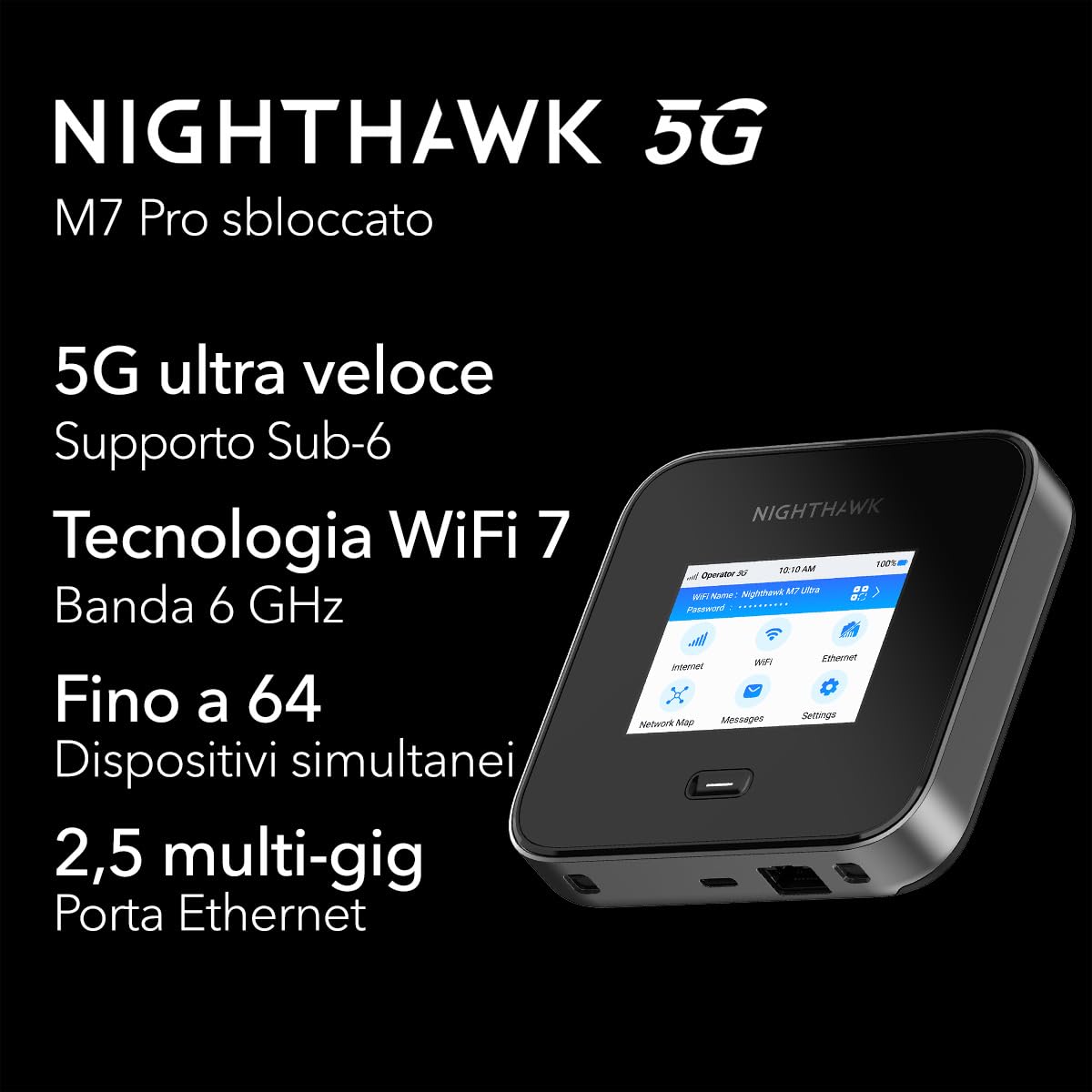 NETGEAR Nighthawk M7 Pro Router 5G con SIM, Modem portatile, Saponetta WiFi 5G per casa, Hotspot, roaming internazionale in 125 Paesi, WiFi 7, collega fino a 32 dispositivi (MR7450)
