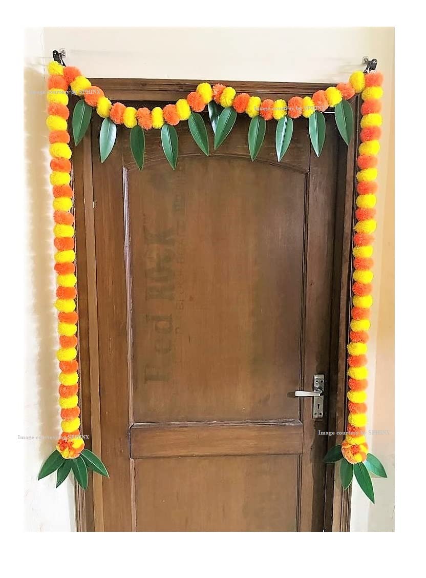 Sphinx artificial fluffy marigold and mango leaves toran for door entrance decoration ( approx.100 x 152 cms)- Yellow and dark orange (SM, Yellow & Dark Orange)