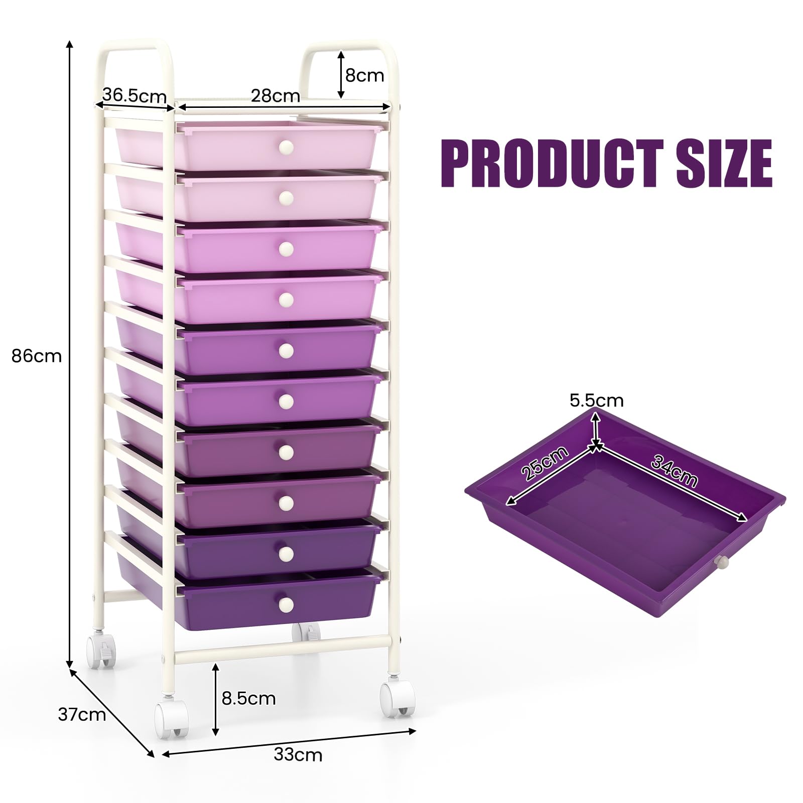 GIANTEX Carrello Portaoggetti con 10 Cassetti Impilabili, Struttura in Metallo e Ruote Bloccabili, Organizer Multiuso per Cucina e Ufficio