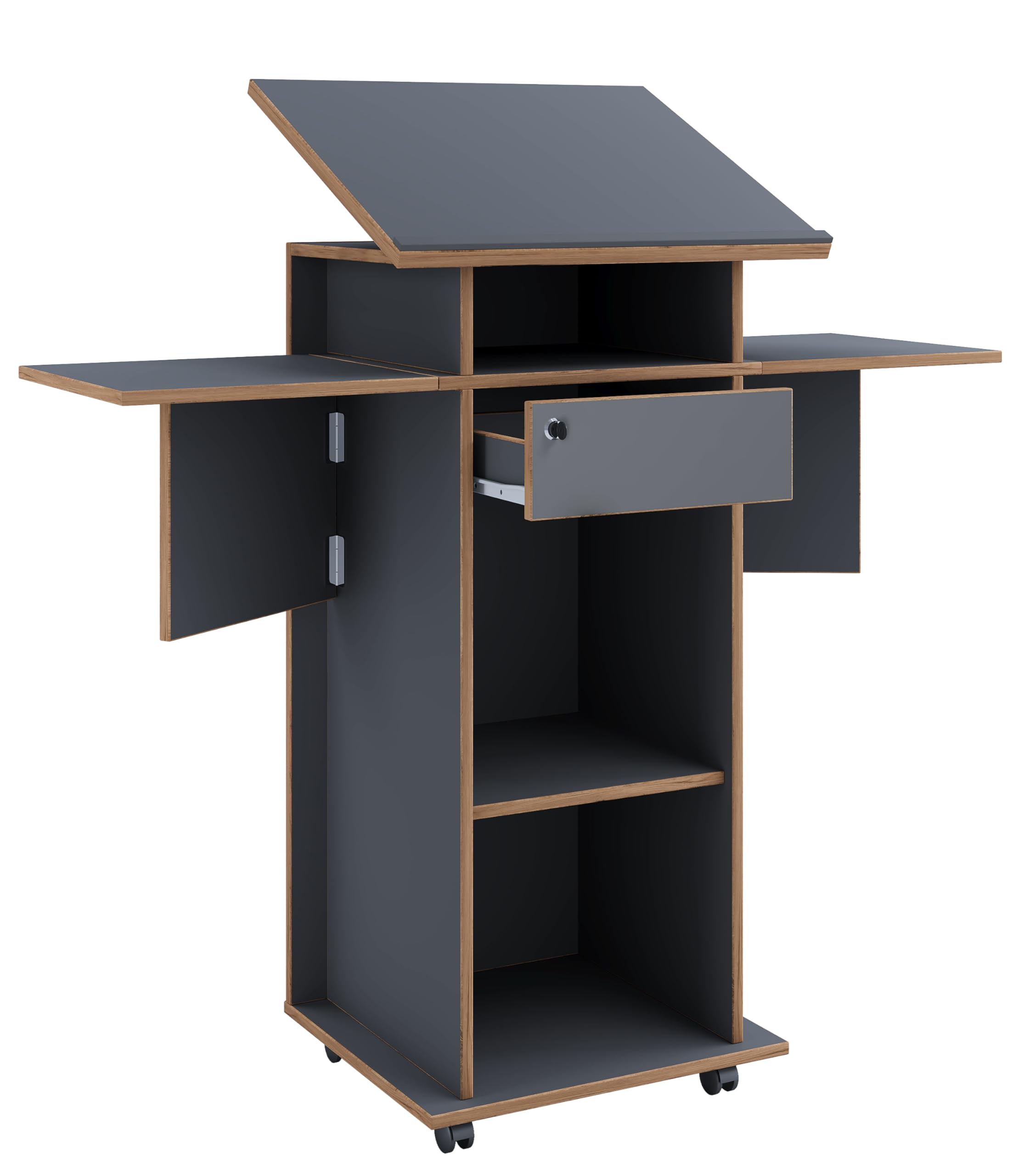 VCM Holz mobiles Rednerpult | Maße ca. H. 107 bis 128 cm x B. 60 bis 123 cm x T. 44 cm | rollbar mit Schublade | Stehpult | Stehtisch - Salia Anthrazit