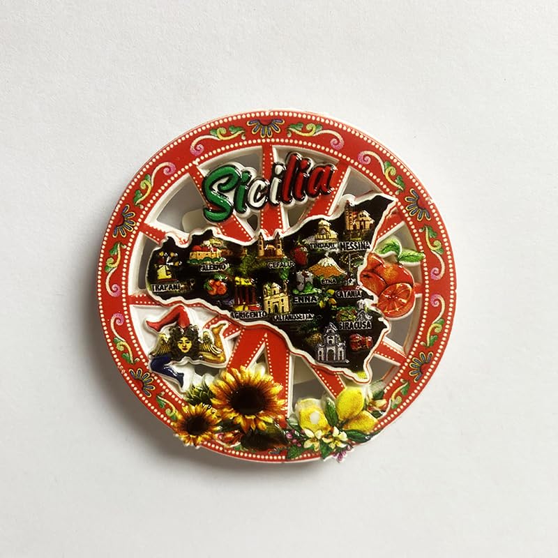 Sicily Decorative Souvenir Plate, Italian Map Design with Landmarks, Sunflowers and Lemons, Red Border