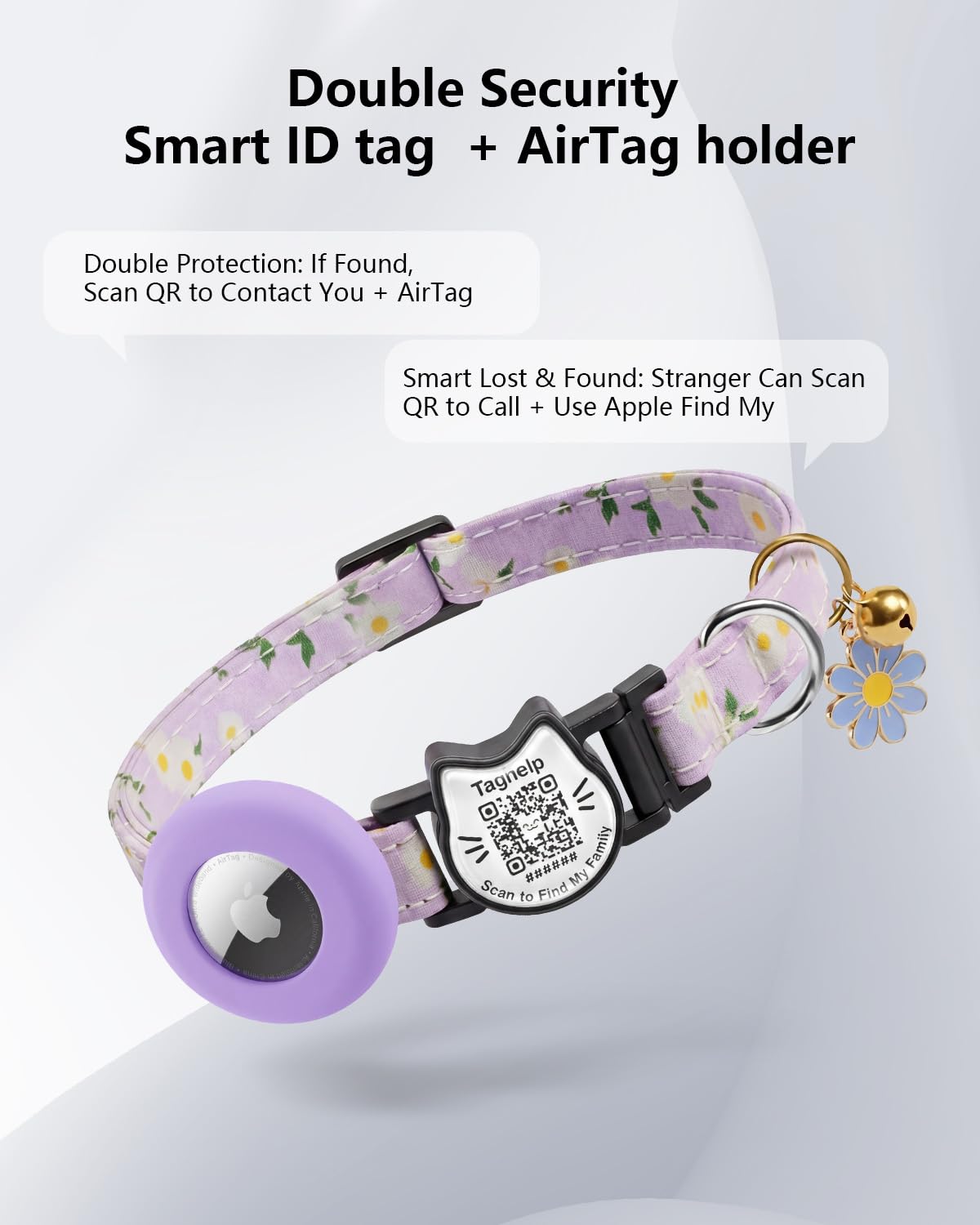 Smart Breakaway Katzenhalsband mit QR-Code, integrierter AirTag-Halter, verstellbares Baumwoll-Katzenhalsband mit Glocke für Kätzchen und erwachsene Katzen, ländlicher Stil mit Airtag-Halter (lila)