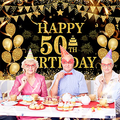 Image of 50th Birthday Decorations for Men Women - Happy 50th Birthday Banner Party Decorations Black Gold 50 Years Birthday Party Suppiles Background for Home Outdoor Birthday Decor(71 x 45 inch)
