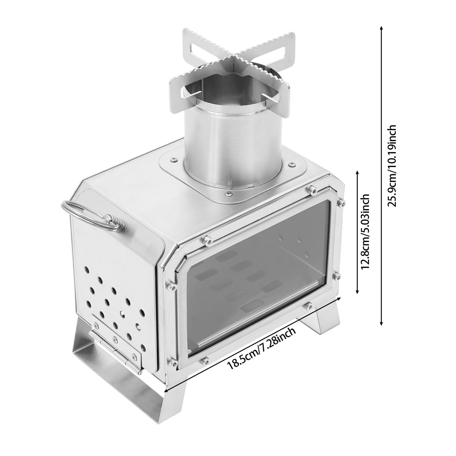 Fornello da campeggio in acciaio inox 201 con finestra in vetro, fornello da campeggio portatile per backpacking, fornello a legna da campeggio, per cucina all'aperto, escursionismo, barbecue, 25,9 x