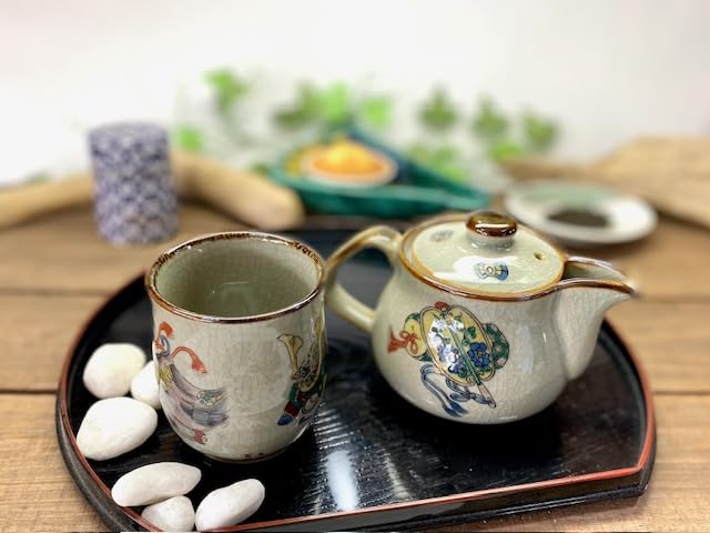 九谷焼 金彩赤絵 松竹梅人物図 急須 湯呑 茶器