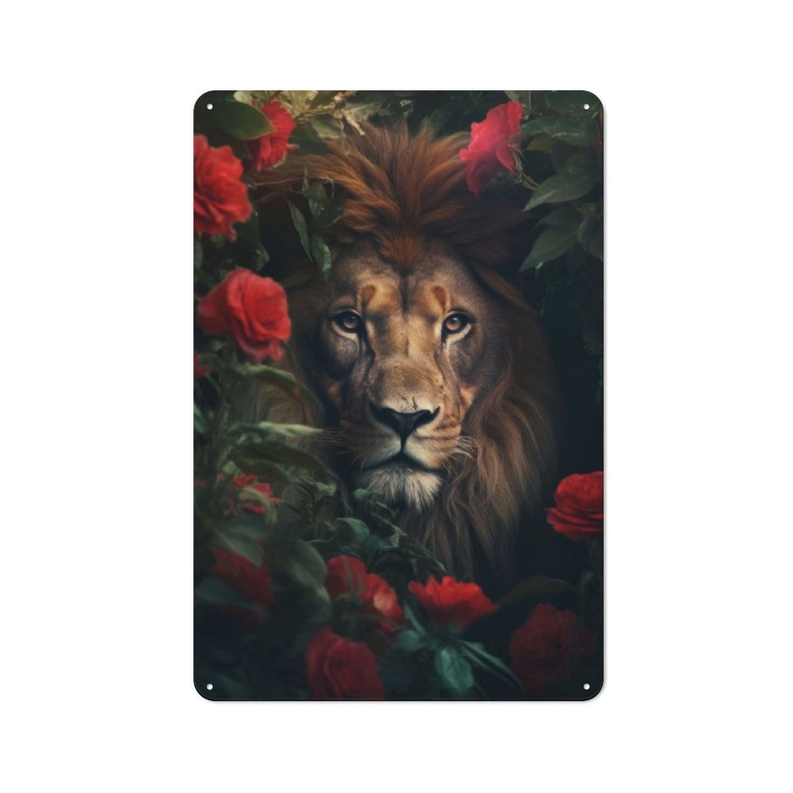 Junmoney Lion Jungle Red Flowers Retro Tin Sign 30X20cm Featuring For Home Bar Wall, For Collectors Decorating Home Bars And Entertaining Spaces