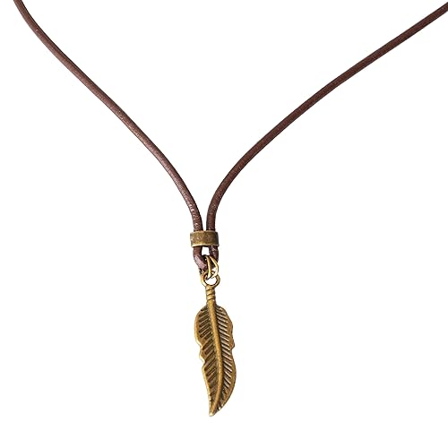 Miniatura 2 de Men's Feather Necklace, Short Brown Leather & Brass Pendant Choker Necklace for Men, Spiritual Nature Inspired Hippie Festival Choker for Men,