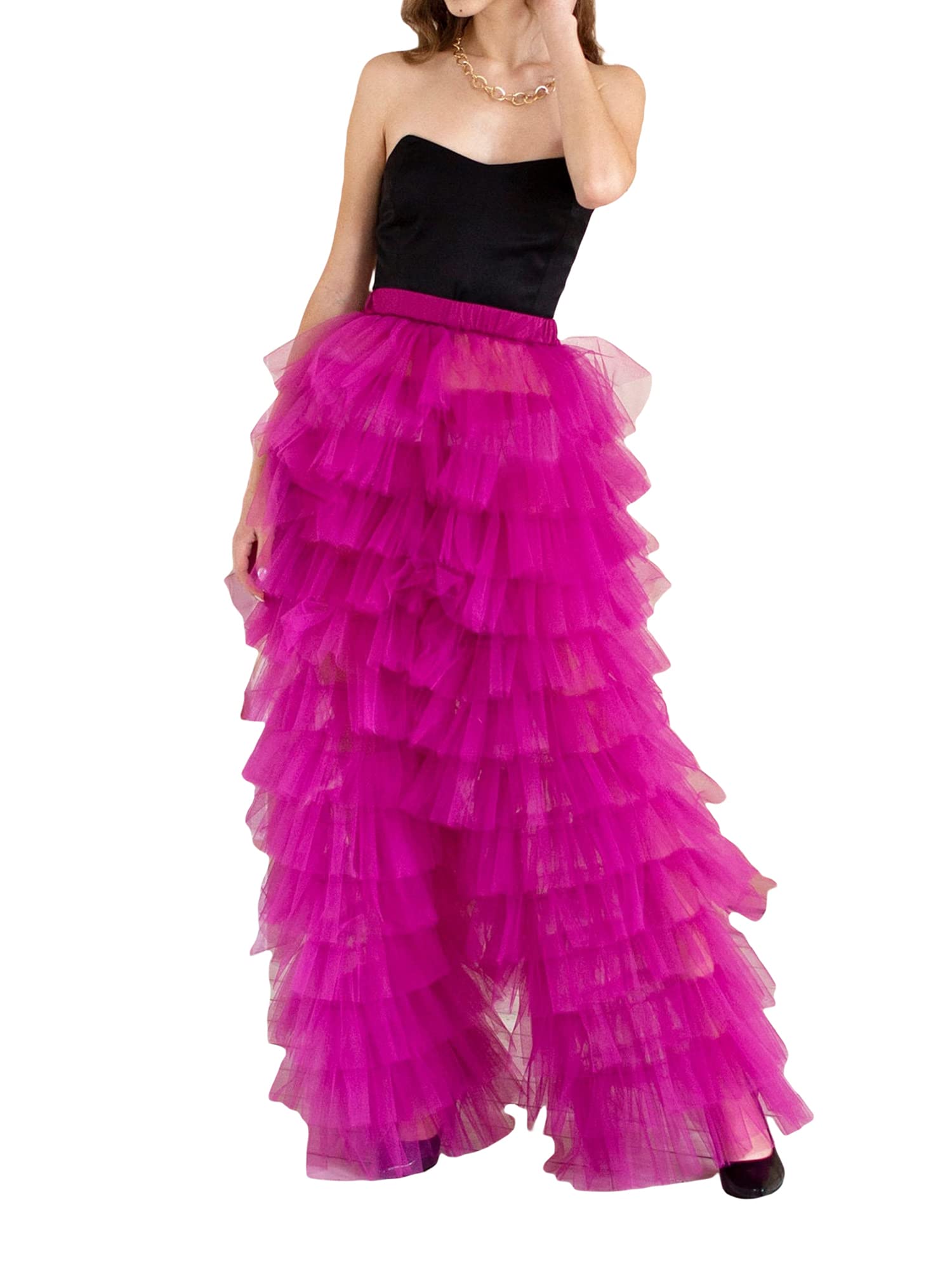 Women Layered Ruffle Tulle Pants High Waist Wide Leg Long Trousers Sheer Mesh Tiered Party Pants