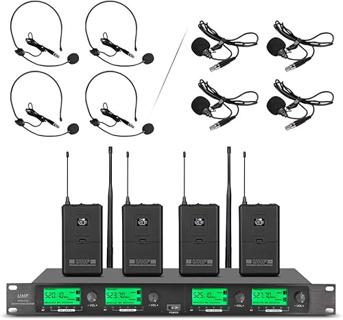 Sistema de micrófono inalámbrico Pro UHF 4 canales 4 Lavalier Bodypacks 4 micrófono de solapa 4 auriculares para sistema de karaoke iglesia hablar
