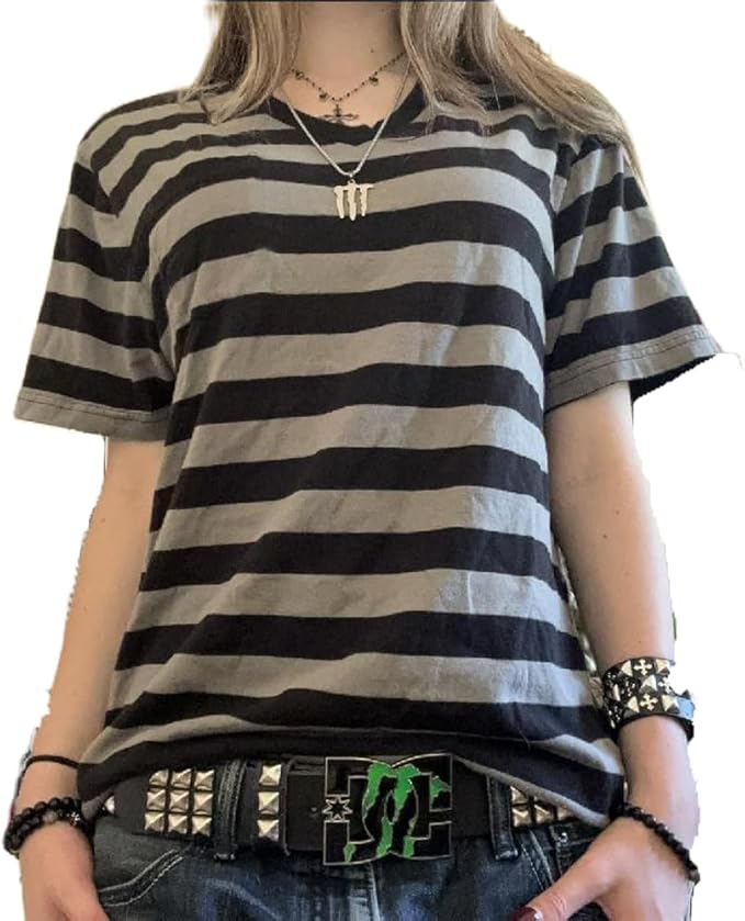 Women Vintage Grunge Top Short Sleeve Striped T-Shirt Goth Emo Tee Shirt Y2K Aesthetic Clothes Harajuku