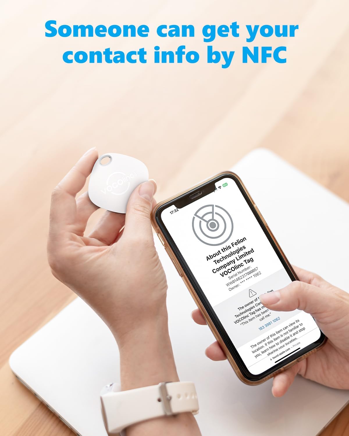 Hand holding iPhone scanning a VOCOlinc Tag to retrieve contact information via NFC