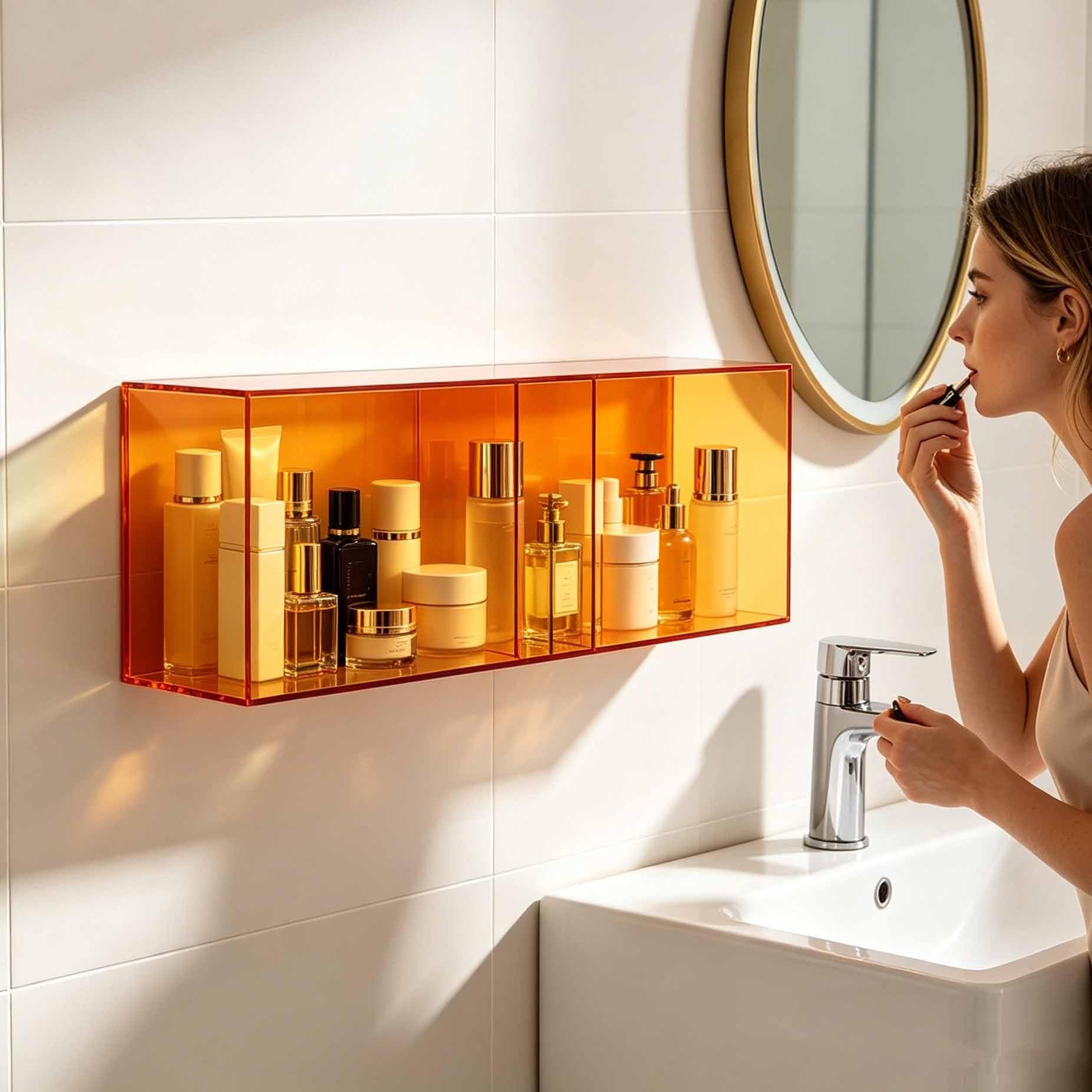 Dalumian Orange Acrylic Display Shelf Wall Mounted, Floating Shelves For Bathroom, Hanging Magazine Rack, Nail Polish Book Decoration Makeup Perfume Organizer(Orange)