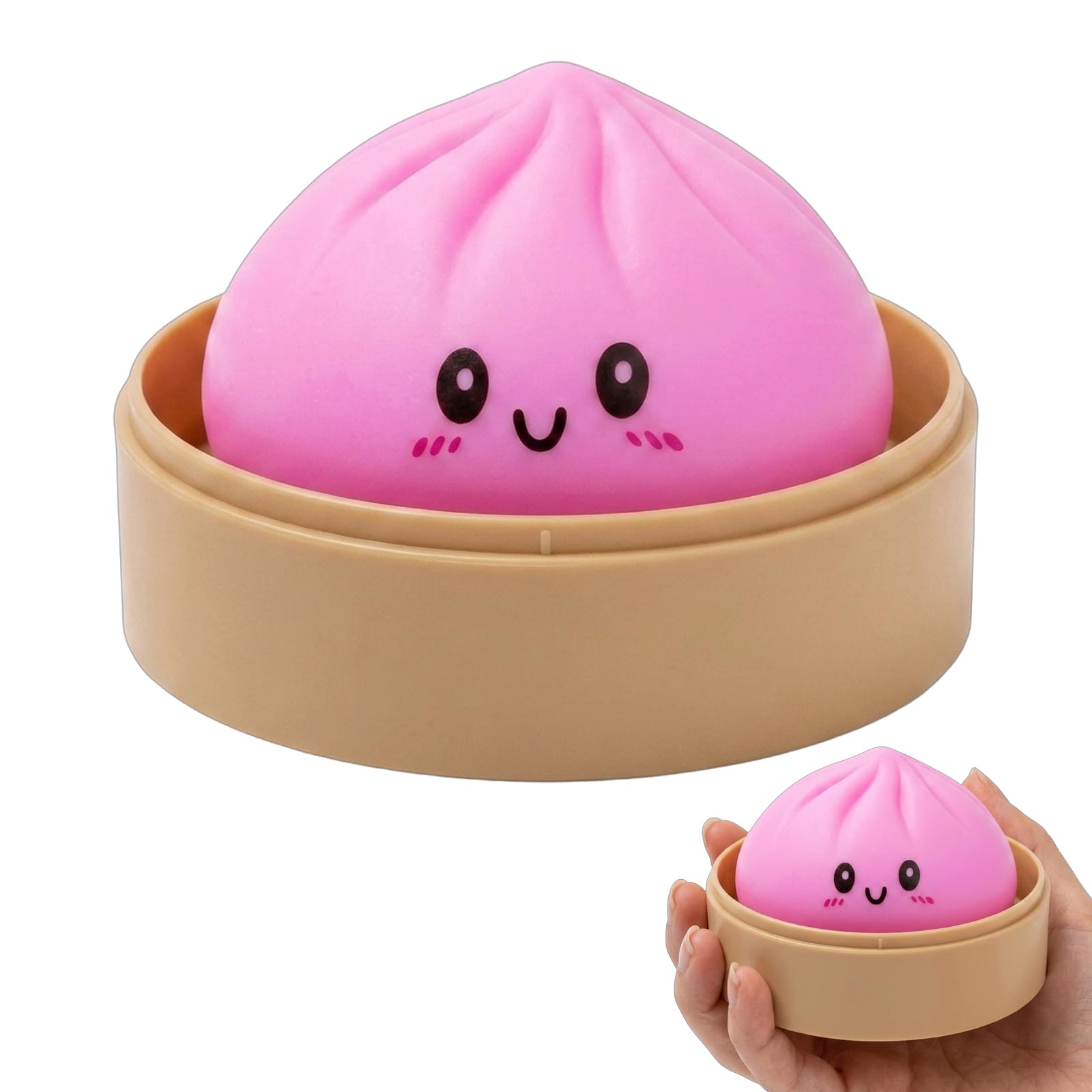 Dumpling Squishy, Glitter Dumpling Squishy Toy, Stress Relief Sensory Play, Decorative Pink Dumpling with Steamer, 10cm Size