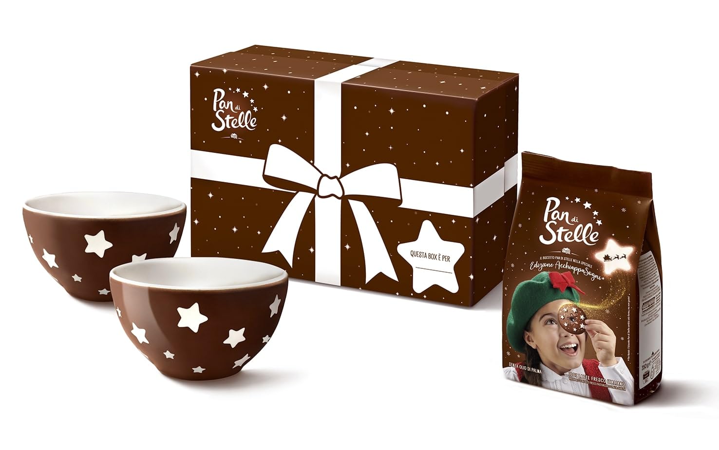 Pan di Stelle Gift Box 2025, Edizione Limitata con Due Tazze Decorate con Stelle e Sacchetto di Biscotti Pan di Stelle 350g