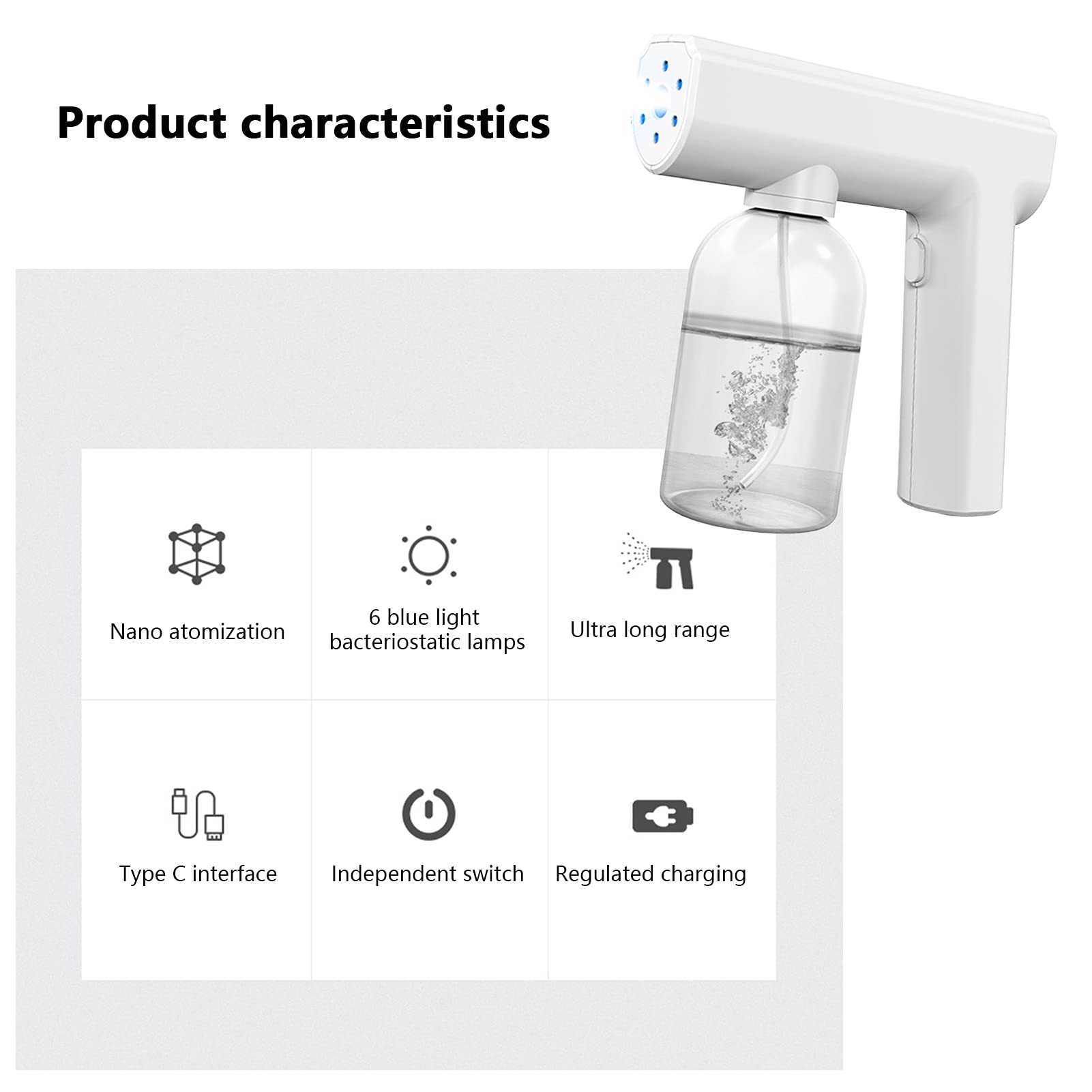Nano atomizzazione disinfettante pistola a spruzzo, senza fili luce blu sterilizzazione vapore macchina nebbia (bianco)