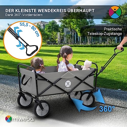 Miweba Faltbarer Bollerwagen MB-35 | Traglast 120 Kg - Klappbar - Handwagen faltbar - Transportwagen für Kinder - Kinderwagen - Gartenwagen - Wagen - Strandwagen - Faltwagen (Grau)