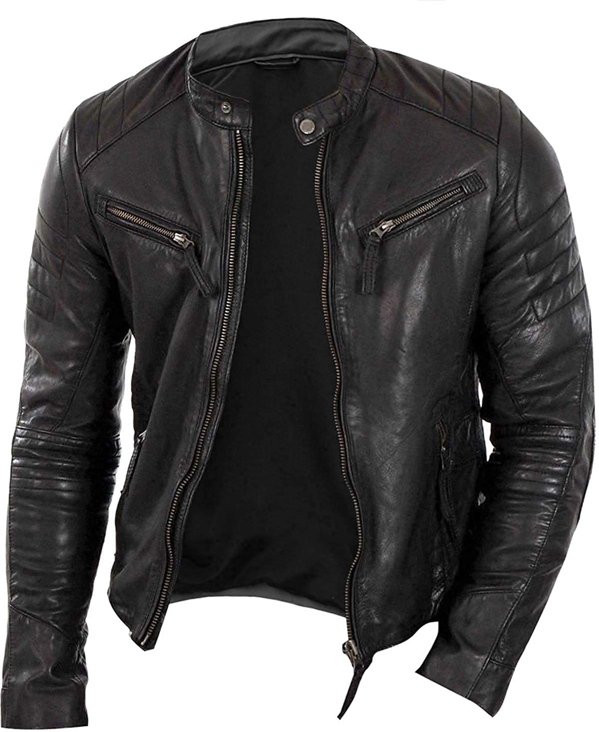 Veste en cuir vieilli pour homme - Coupe ajustée - Veste de moto en cuir - Veste Cafe Racer pour homme - Veste de motard en cuir pour homme