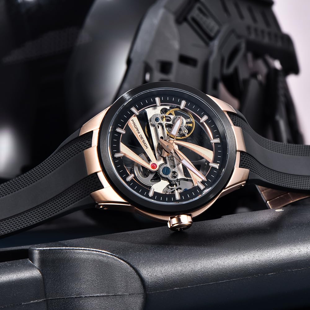 Pagani Design, orologio meccanico automatico da uomo, quadrante scheletrato, cassa in acciaio inossidabile, cinturino in fluorurubber, impermeabile fino a 100 m, orologio di lusso per uso quotidiano