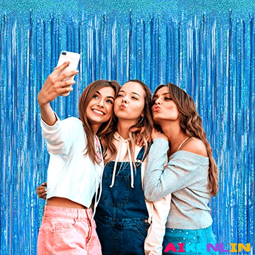 Image of 4 Pack 3.2Ft x 8.2Ft Lake Blue Foil Fringe Curtain Backdrop, Metallic Tinsel Foil Fringe Streamers Curtains Background for Photo Booth, Birthday, Wedding, Disco, Bachelorette, Christmas Party Decor