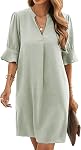 Famulily Womens Dresses V Neck Puff Sleeve Solid Loose Fit Casual Summer Beach Flowy Shirt Dress