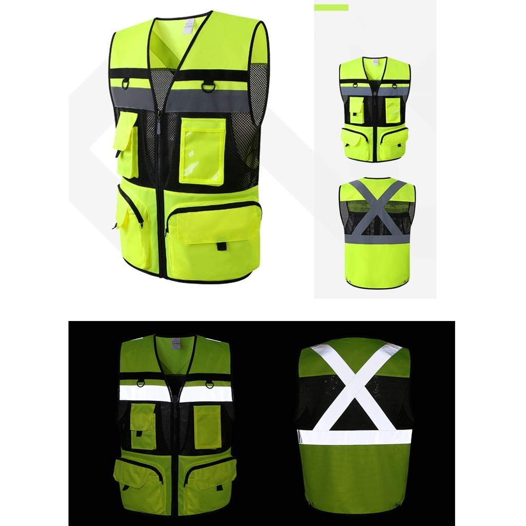 Kamizelka odblaskowa dla mężczyzn, kamizelka odblaskowa Kamizelka ostrzegawcza z wieloma kieszeniami Jersey Nocna kamizelka odblaskowa (fluorescencyjny żółty, M)