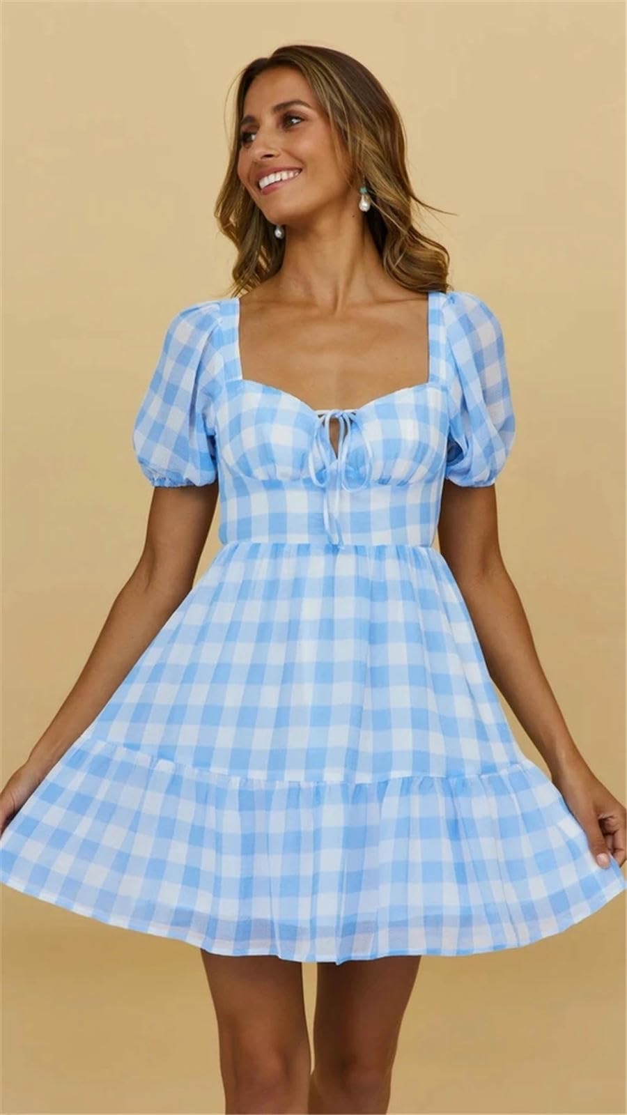 Summer Dresses For Women Women's Square Neck Short Sleeves Open Back Ruffle Dress Casual Beach Holiday