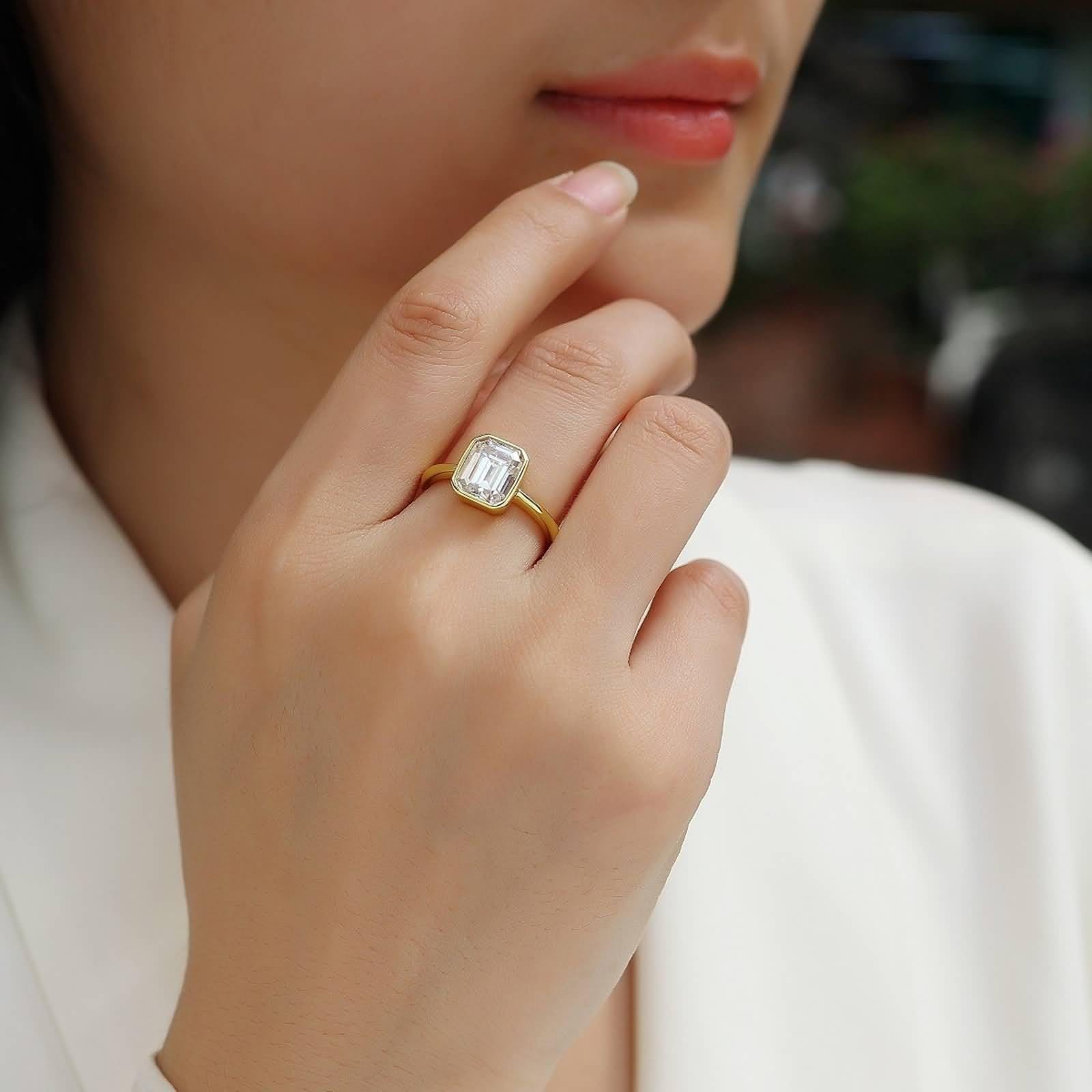 Anillo de promesa a juego, anillos apilables de oro pulido, anillo solitario con moissanita rectangular de 7 x 9 mm, oro amarillo de 2,5 quilates