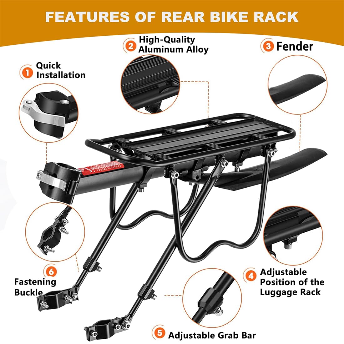 Porte-bagages arrière réglable pour vélo avec garde-boue et réflecteur, capacité de charge de 100 kg, porte-bagages universel