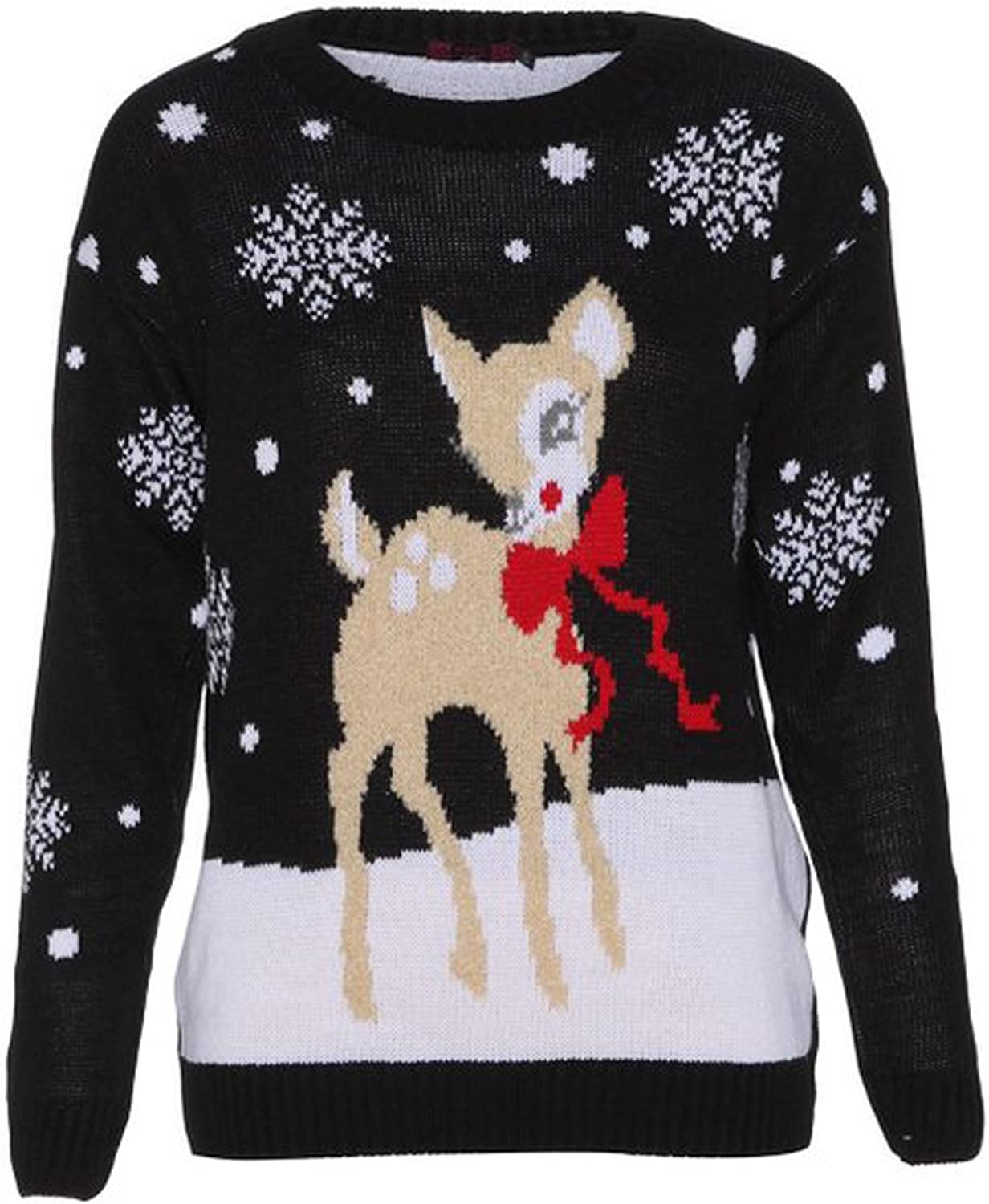 Wearall Women's Bambi Black Knitted Merry Christmas Long Sleeve Xmas Tree Pom Jumper 12-14