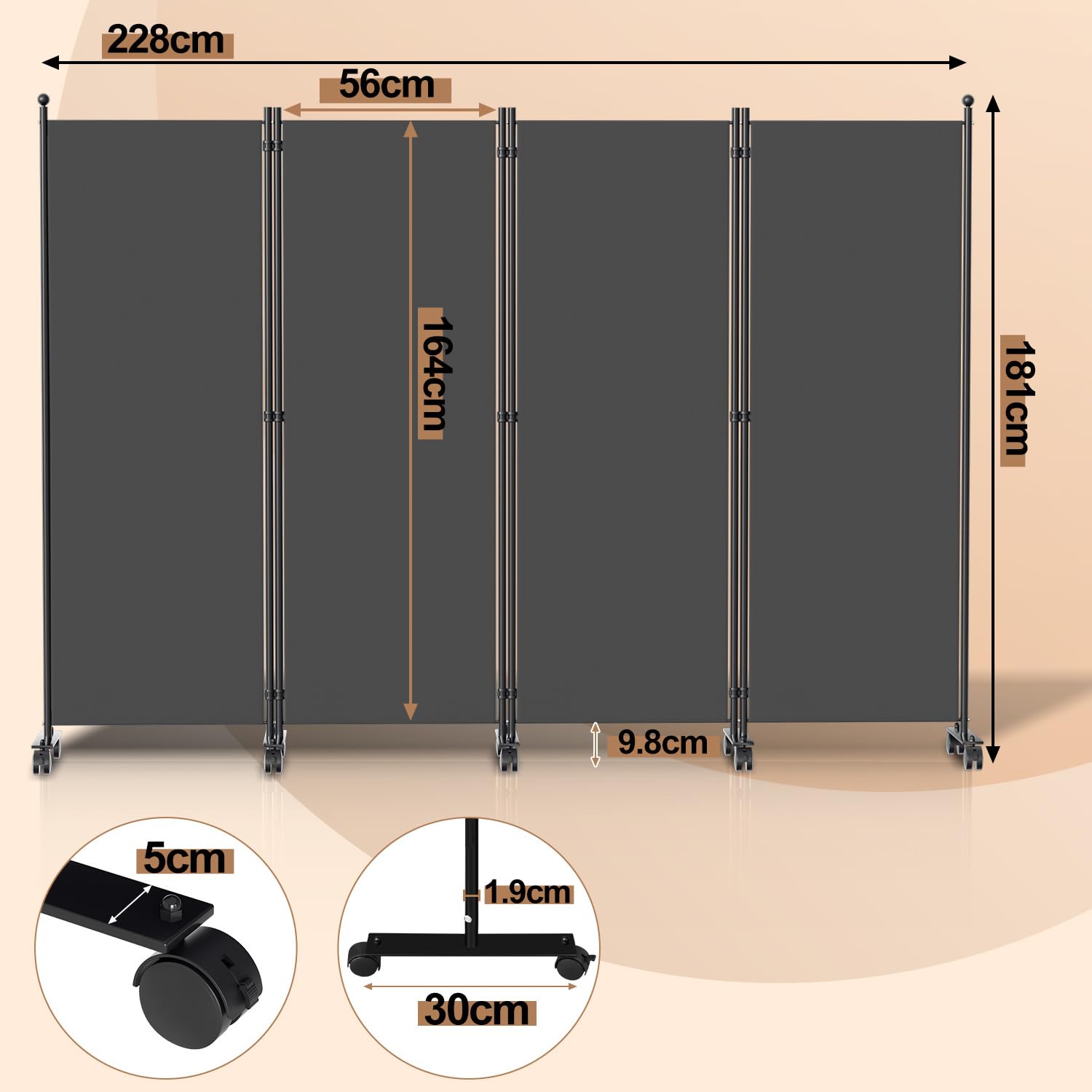 Paravientos con ruedas, flexible de 4 partes, protección de privacidad, 228x181cm ajustable, protección contra el viento, separador de espacios para jardín, muebles de baño, oficinas