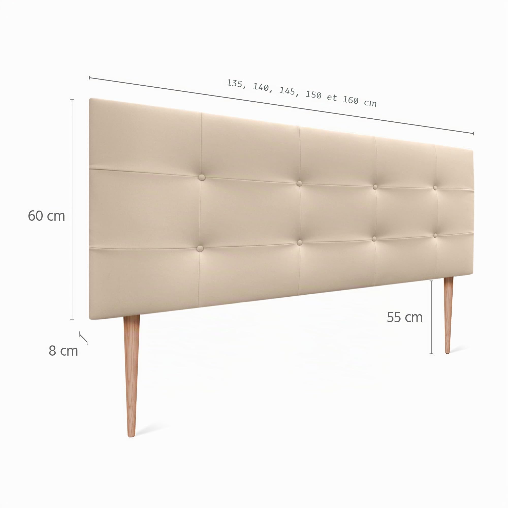DHOME Tête de lit capitonnée jusqu'au sol en tissu Aqualine et similicuir 160 x 115 cm (pour lit de 150/160 cm) avec pieds Similicuir beige