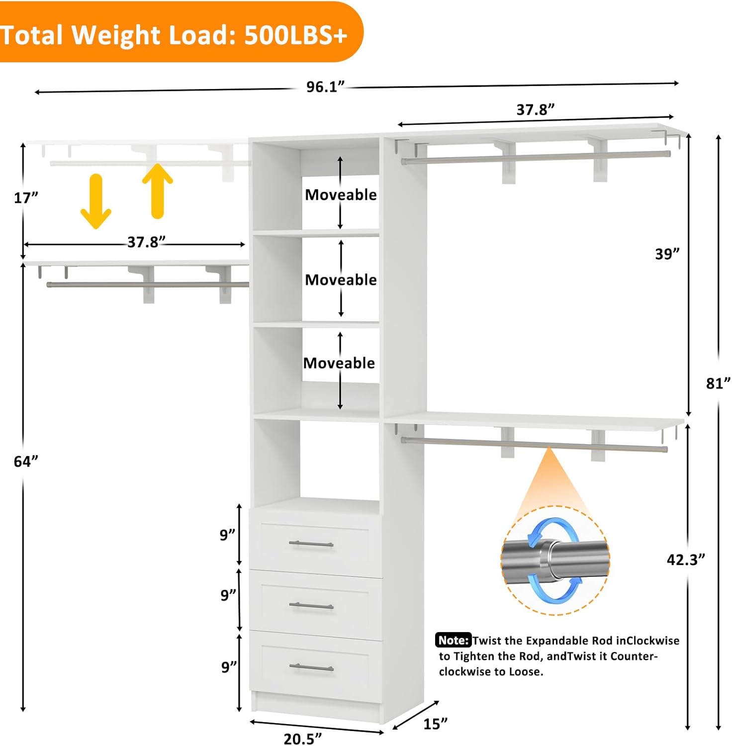Closet System with Drawers, 5-8FT Closet Organizer Systems with Expandable Hanging Rods, 96" Closet Shelving Systems for Walk in Closets, Heavy Duty Wall Mount Closet Systems-White