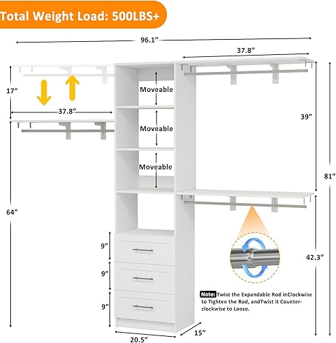 Miniatura 5 de Sistema de armario con cajones, sistemas organizadores de armario de 5 a 8 pies con varillas colgantes expandibles, sistemas de estantería de