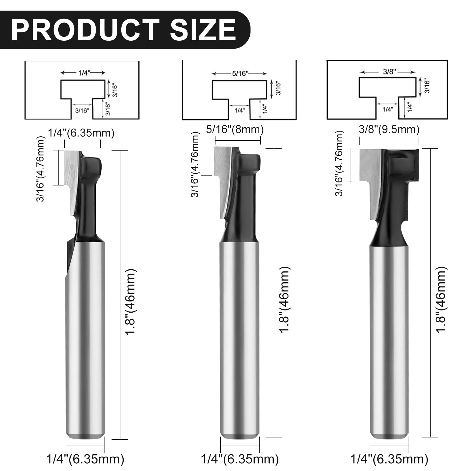 Keyhole Router Bit Set 1/4 Inch Shank, 6 Pieces T Slotting Router Bits, Cutter for 1/4, 5/16, 3/8, 9/16, 1/2, 5/8 inch Blade Diameter — Amazon image 2